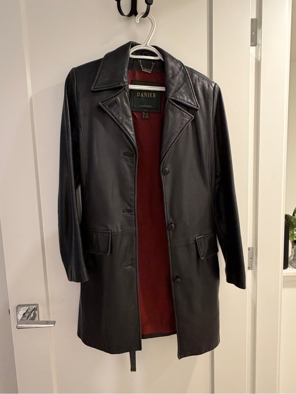 Danier Black Leather Coat with Burgundy Lining